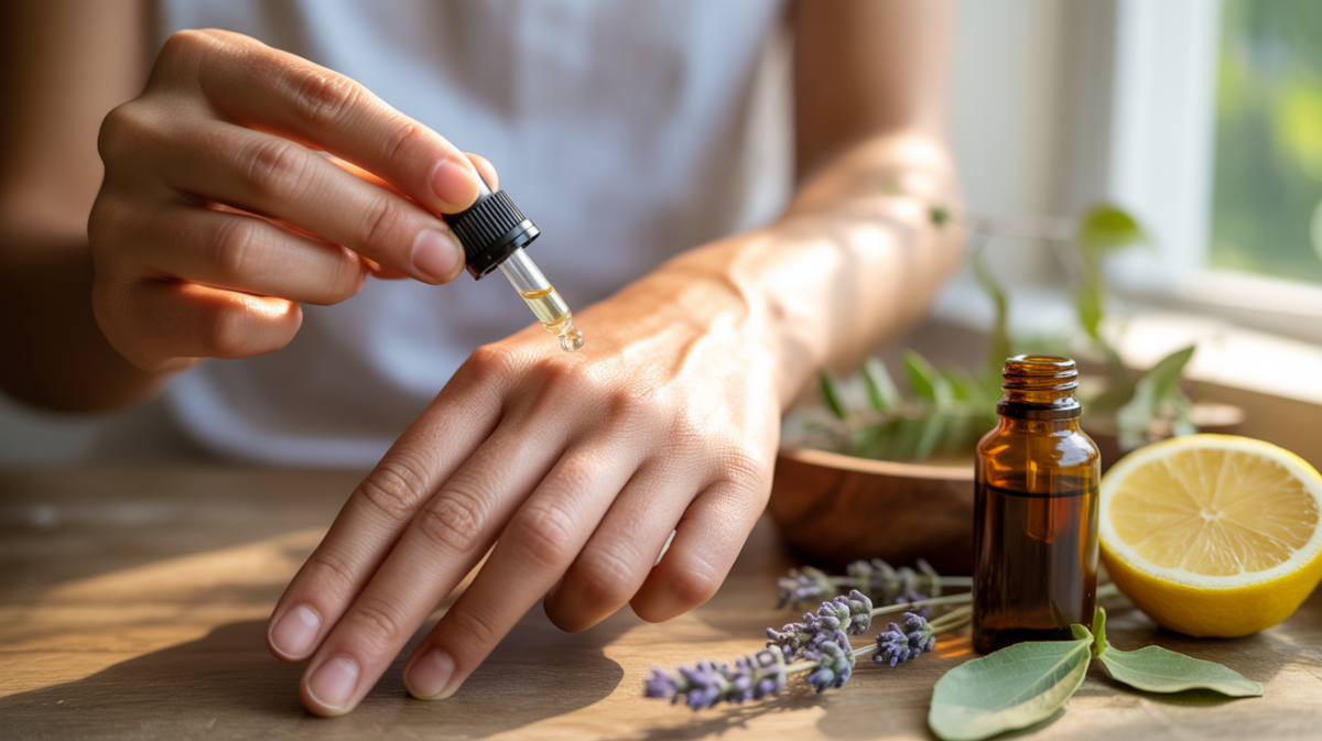 Gros plan réaliste d’une personne appliquant de l’huile essentielle diluée sur la peau, entourée de plantes aromatiques et d’un flacon ambré dans une scène lumineuse et naturelle.