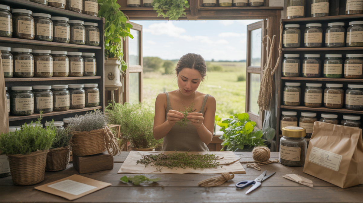 Herboristerie artisanale bio avec étagères de plantes séchées certifiées, lumière naturelle et herboriste manipulant des herbes dans un atelier réaliste.