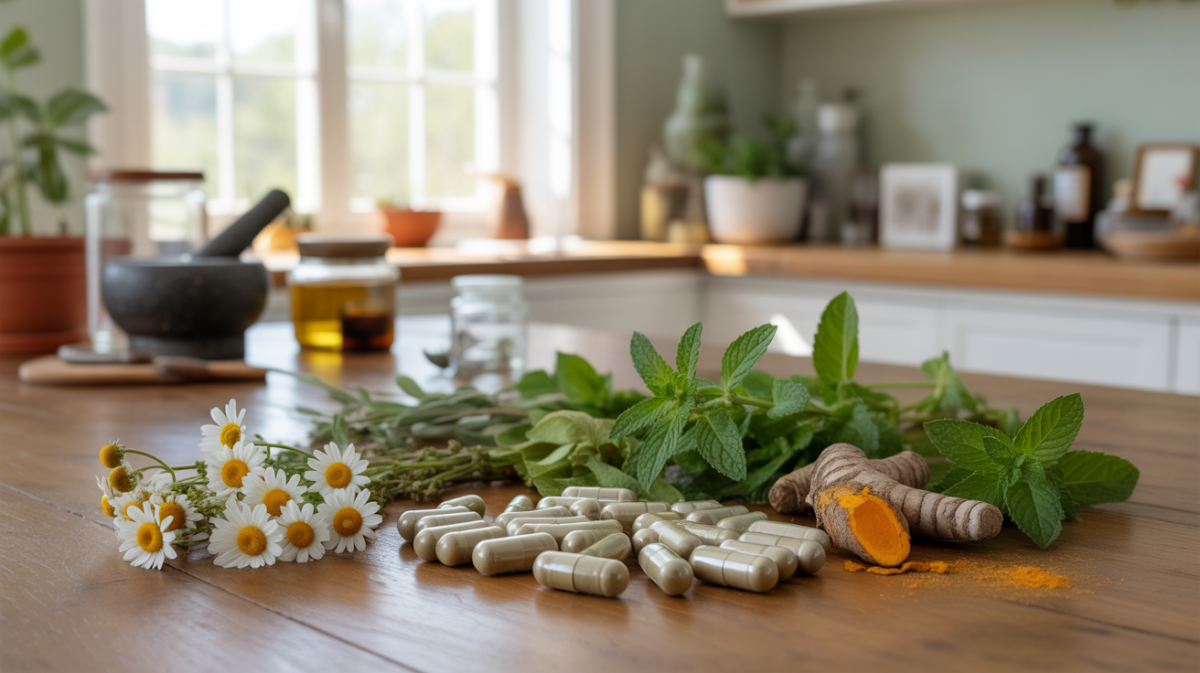 Photo réaliste de gélules de phytothérapie posées sur une table en bois entourées de plantes médicinales fraîches dans une ambiance naturelle et authentique.