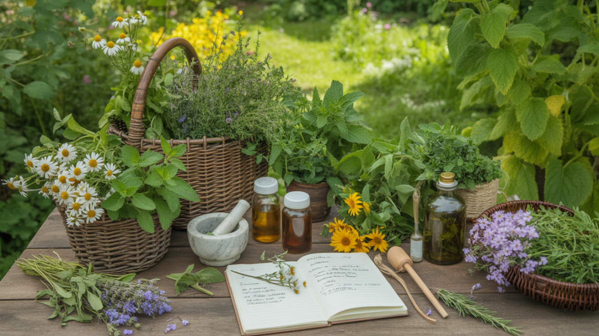 Scène réaliste d’une table d’herboriste en extérieur avec plantes médicinales fraîches, bocaux d’huiles, carnet botanique et jardin naturel en arrière-plan.