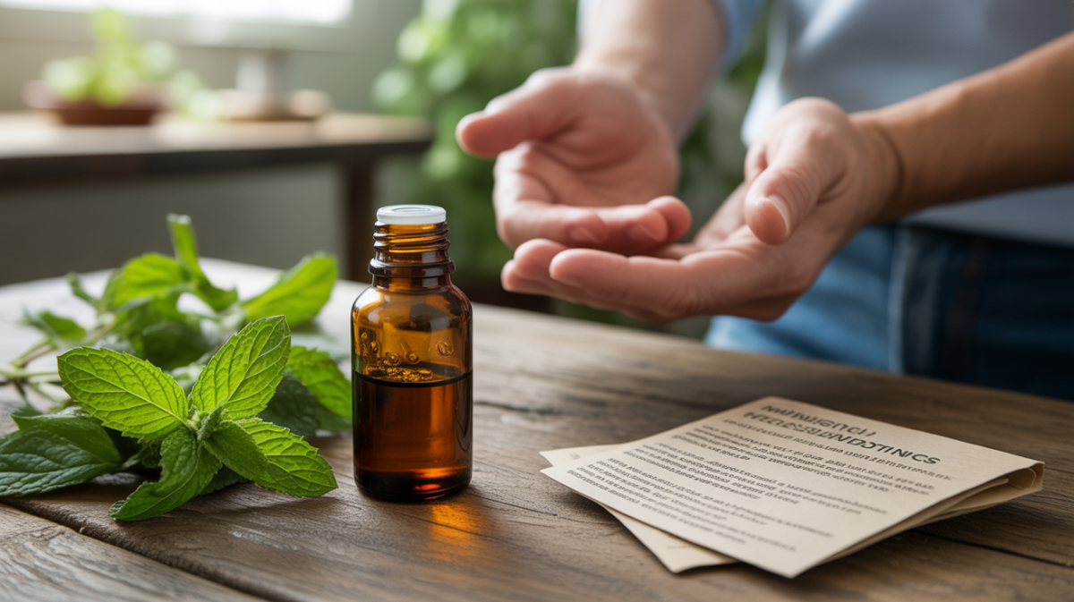 Flacon d’huile essentielle de menthe poivrée posé sur une table en bois avec des feuilles de menthe fraîches et une main hésitante en arrière-plan.