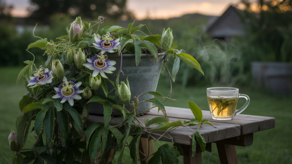 Scène naturelle montrant des fleurs de passiflore fraîches et une tisane fumante au coucher du soleil, créant une atmosphère réaliste et apaisante.