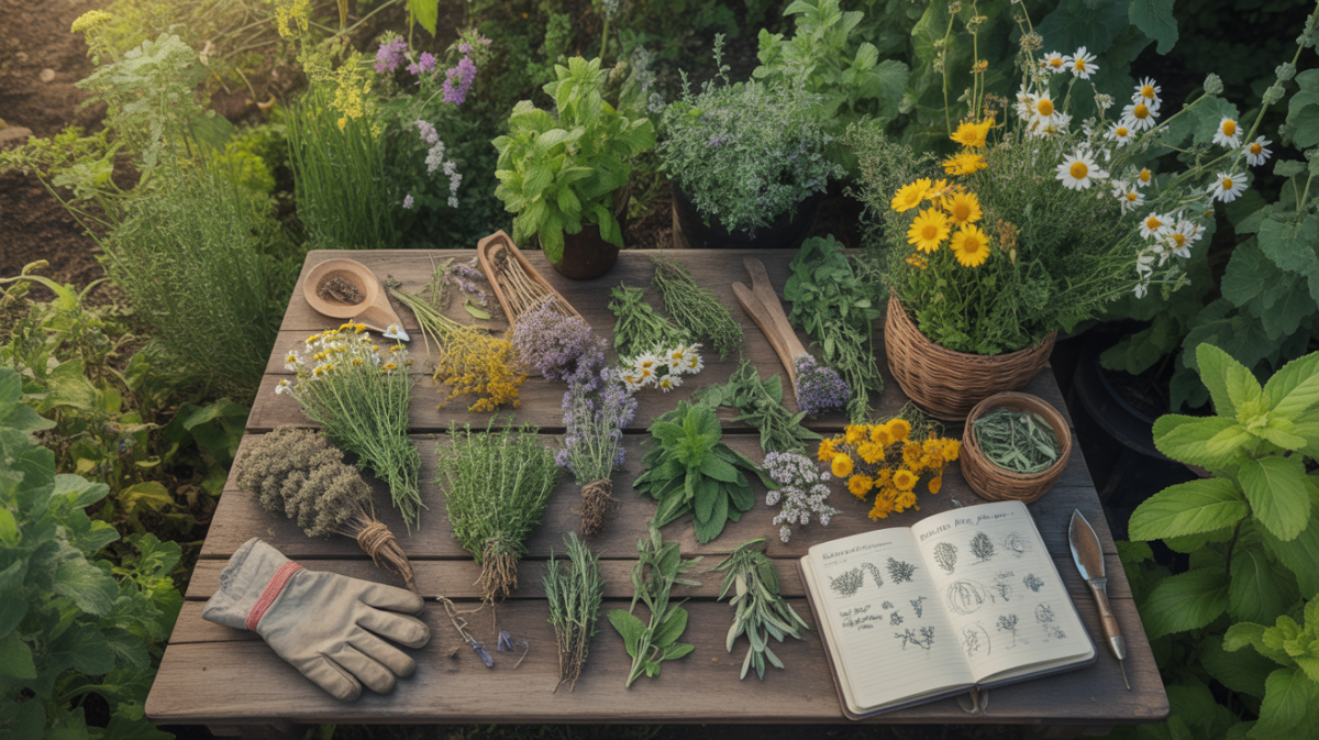Scene réaliste d’une table d’herboriste entourée de plantes médicinales fraîches dans un jardin naturel.
