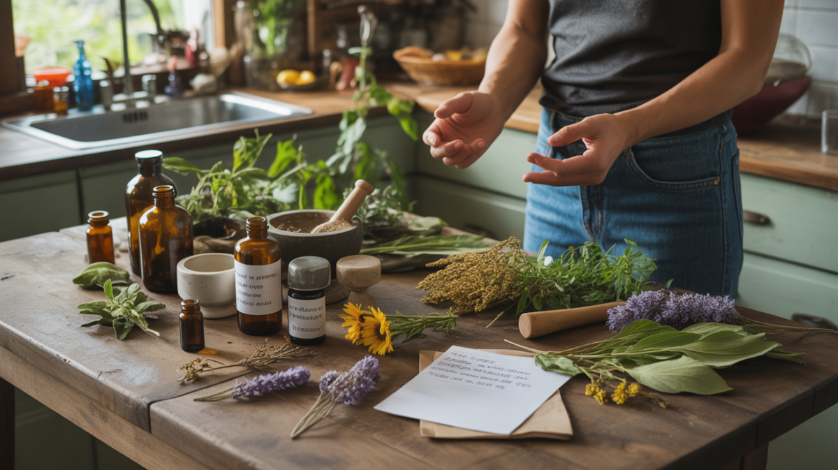 Table en bois rustique avec plantes médicinales, flacons, carnet d’herboristerie et une atmosphère naturelle montrant les risques cachés des remèdes maison.