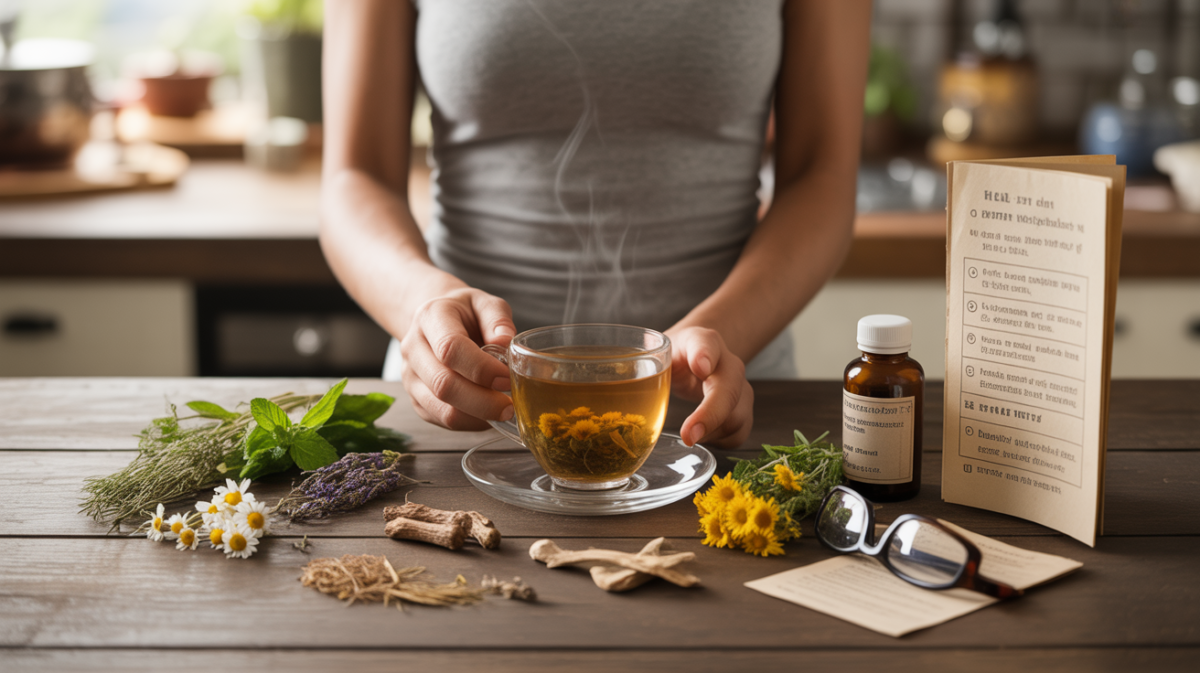 Scène réaliste d’une tasse de tisane entourée de plantes sèches et d’indices rappelant les précautions à prendre, dans une cuisine naturelle et authentique.