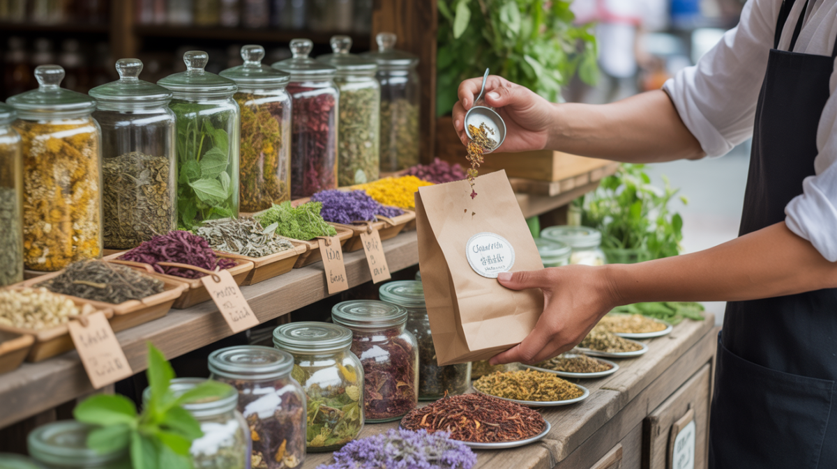 Scène réaliste d’un étal ou d’une boutique artisanale présentant des tisanes en vrac dans des bocaux en verre, avec des couleurs naturelles et des détails authentiques.