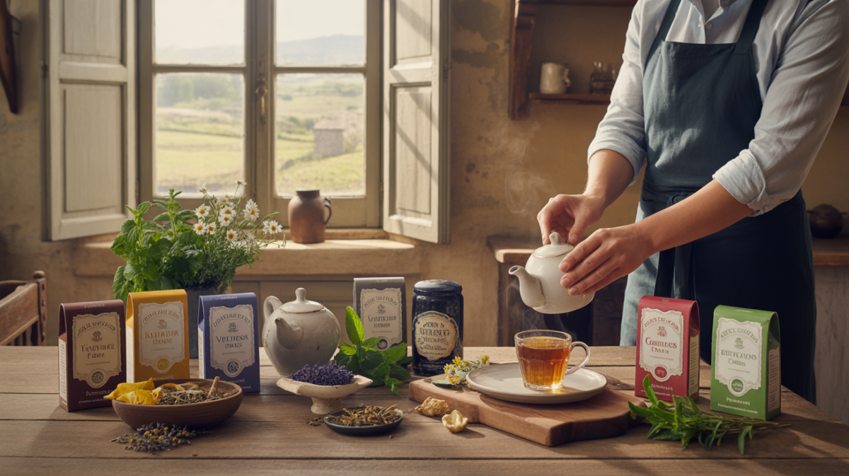 Scène réaliste d’une cuisine française au lever du soleil avec des tisanes artisanales, des herbes fraîches et une infusion en préparation dans une ambiance naturelle et authentique.