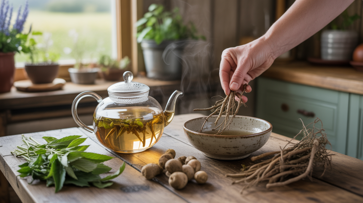 Scène réaliste montrant la préparation d’une tisane de valériane sur une table rustique avec racines fraîches, thé fumant et lumière naturelle.