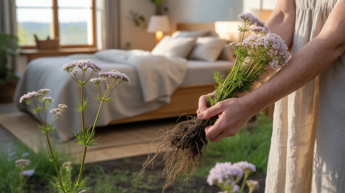 Scène réaliste de racines et fleurs de valériane fraîchement récoltées, tenues dans les mains d’une personne, avec un jardin naturel et une chambre paisible en arrière-plan.