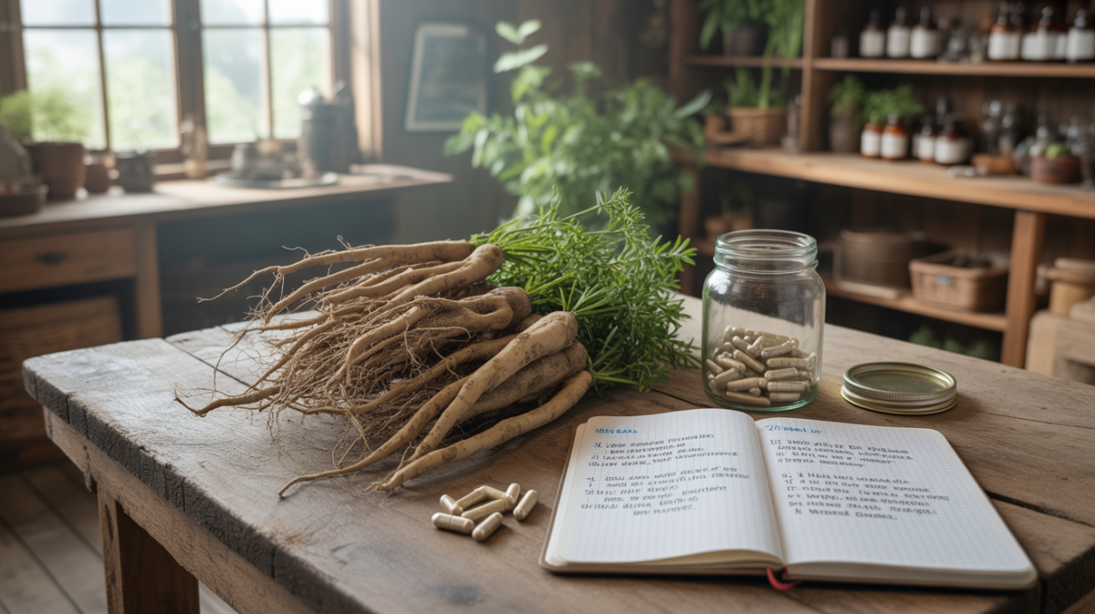 Scène réaliste montrant des racines de valériane fraîches sur une table en bois avec un bocal de gélules et un carnet de notes médicales, dans un atelier d’herboriste authentique.