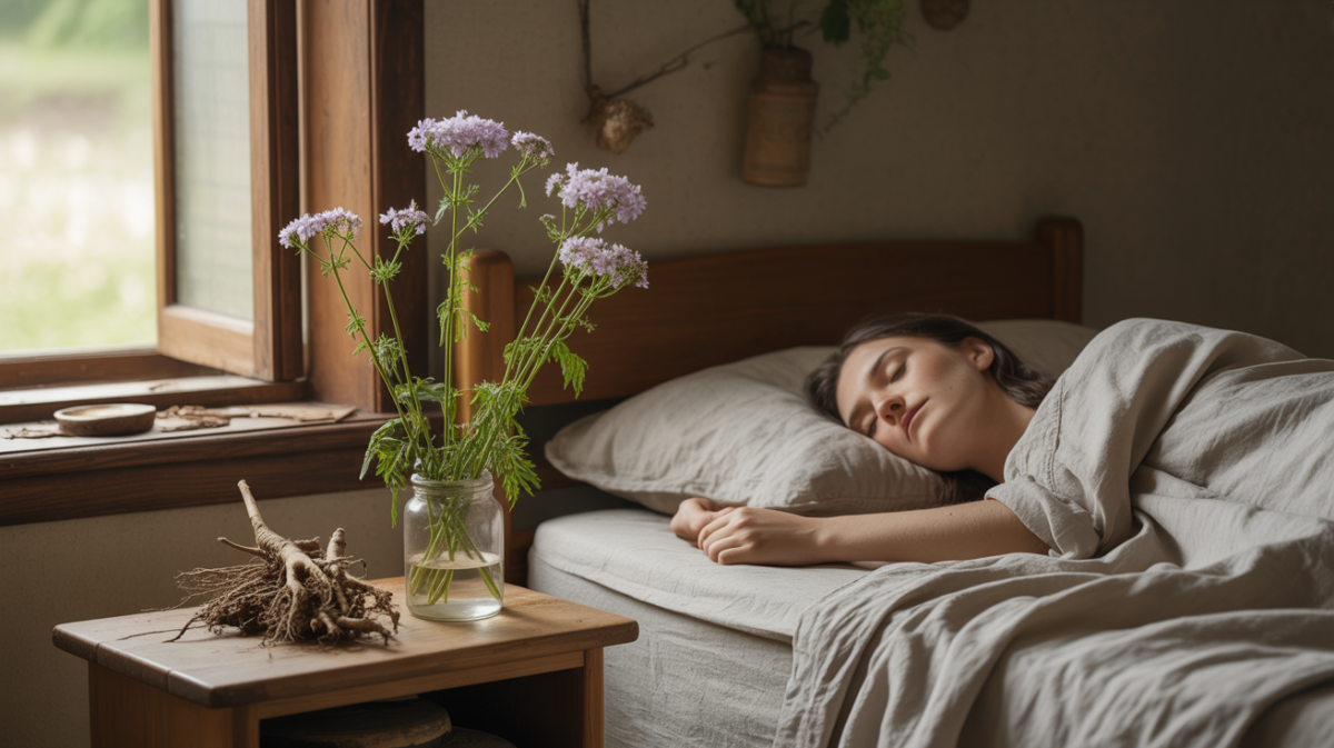 Scène réaliste d’une chambre naturelle avec de la valériane fraîche sur une table de chevet et une personne reposant paisiblement.