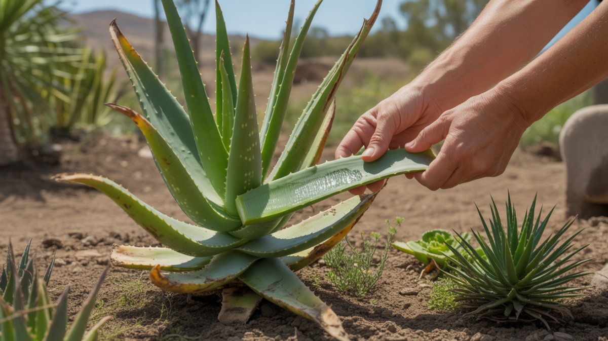 Gros plan réaliste d’une plante d’aloe vera dans un jardin ensoleillé, avec des mains coupant une feuille pour révéler le gel naturel.