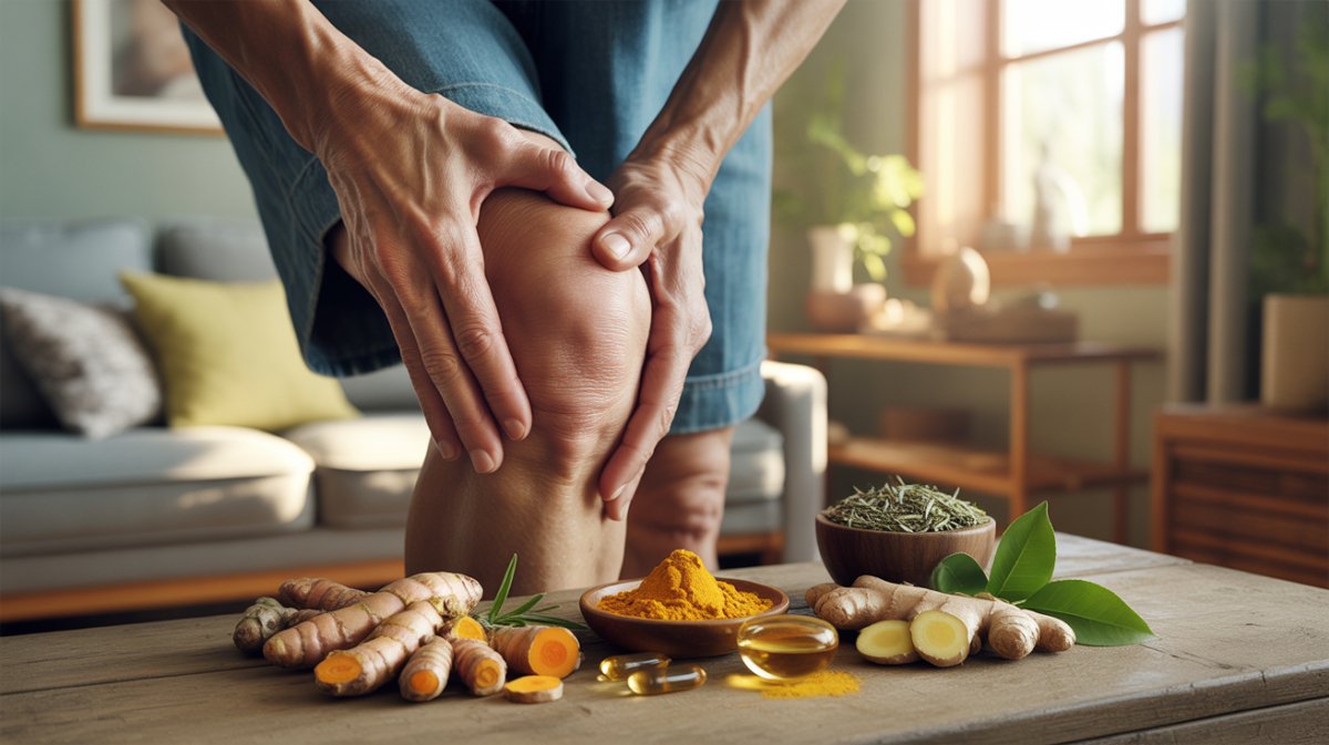 Scène naturelle montrant des mains appliquant un remède naturel contre l’arthrose, entourées de curcuma, gingembre et capsules d’oméga‑3 dans une lumière chaleureuse.