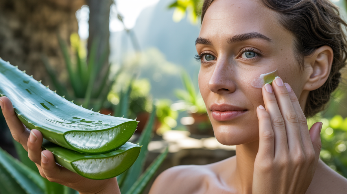 Gros plan réaliste d’une feuille d’aloe vera ouverte et d’une femme appliquant le gel frais sur sa peau dans un jardin naturel.