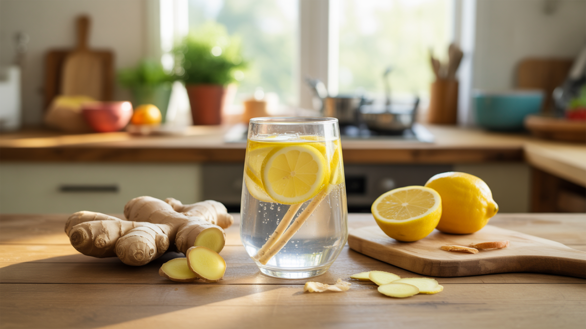 Boisson détox réaliste au gingembre et citron posée sur un plan de travail naturel dans une cuisine ensoleillée.