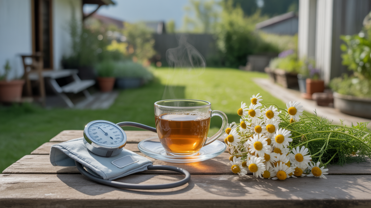 Tasse de tisane à la camomille fumante posée sur une table en bois dans un jardin réel, entourée de fleurs de camomille fraîches et d’un tensiomètre, avec une ambiance naturelle et apaisante.
