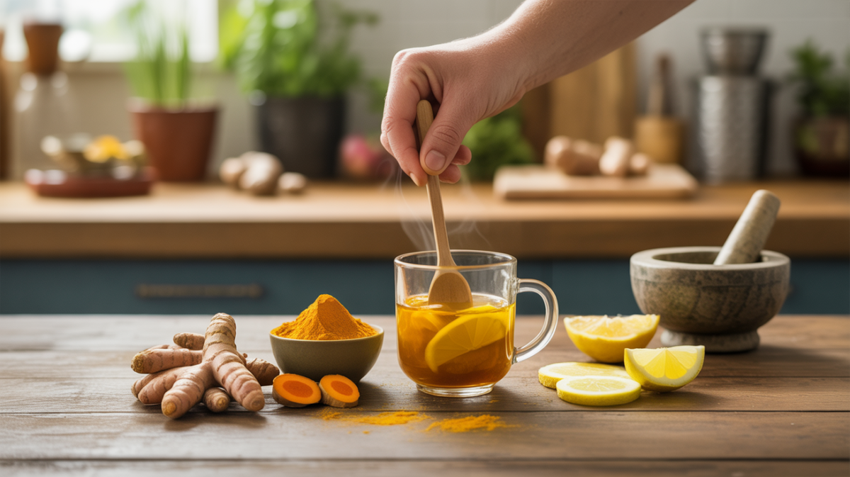 Scène de cuisine naturelle avec curcuma frais, poudre de curcuma et infusion maison anti-inflammatoire