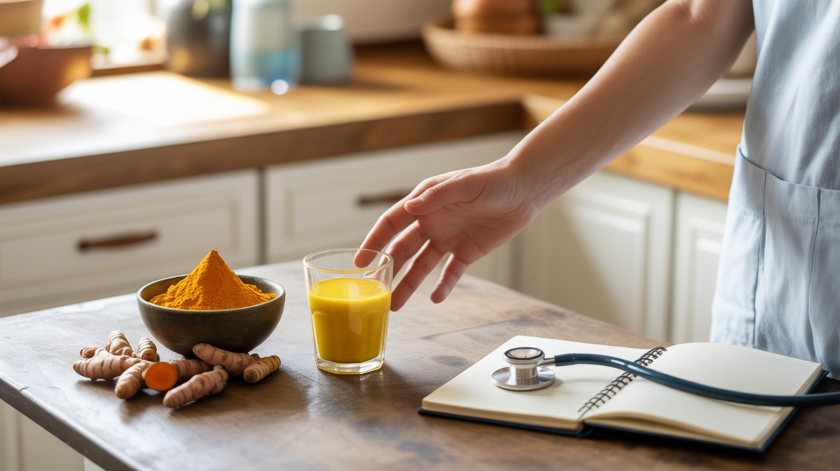 Scène réaliste montrant du curcuma sur une table de cuisine avec une main hésitante et des éléments évoquant des préoccupations de santé.