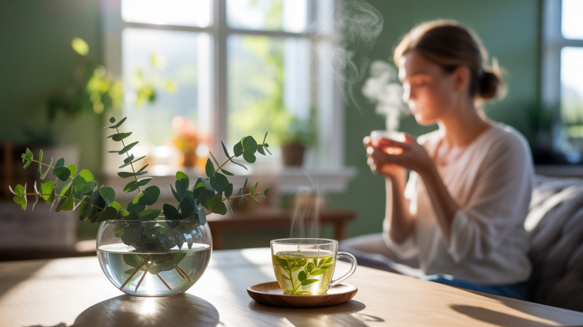 Scène réaliste d'un intérieur lumineux avec branches d'eucalyptus, infusion chaude et utilisation quotidienne pour le bien-être respiratoire.