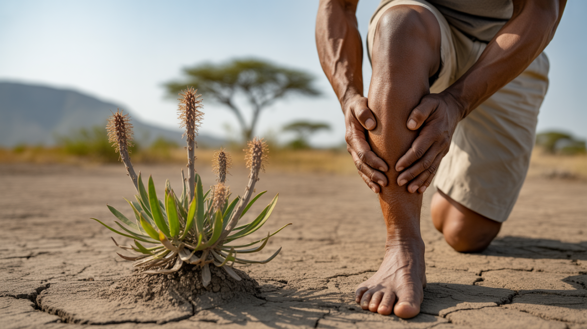 Scène réaliste montrant une plante d’harpagophytum dans la savane africaine, avec une personne en arrière-plan massant son articulation et un paysage naturel détaillé.
