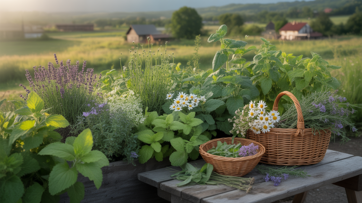 Scène réaliste d’un jardin d’herbes médicinales au coucher du soleil, montrant des plantes anti‑stress comme la lavande, la camomille et la mélisse, avec un panier en bois rempli d’herbes fraîchement cueillies.