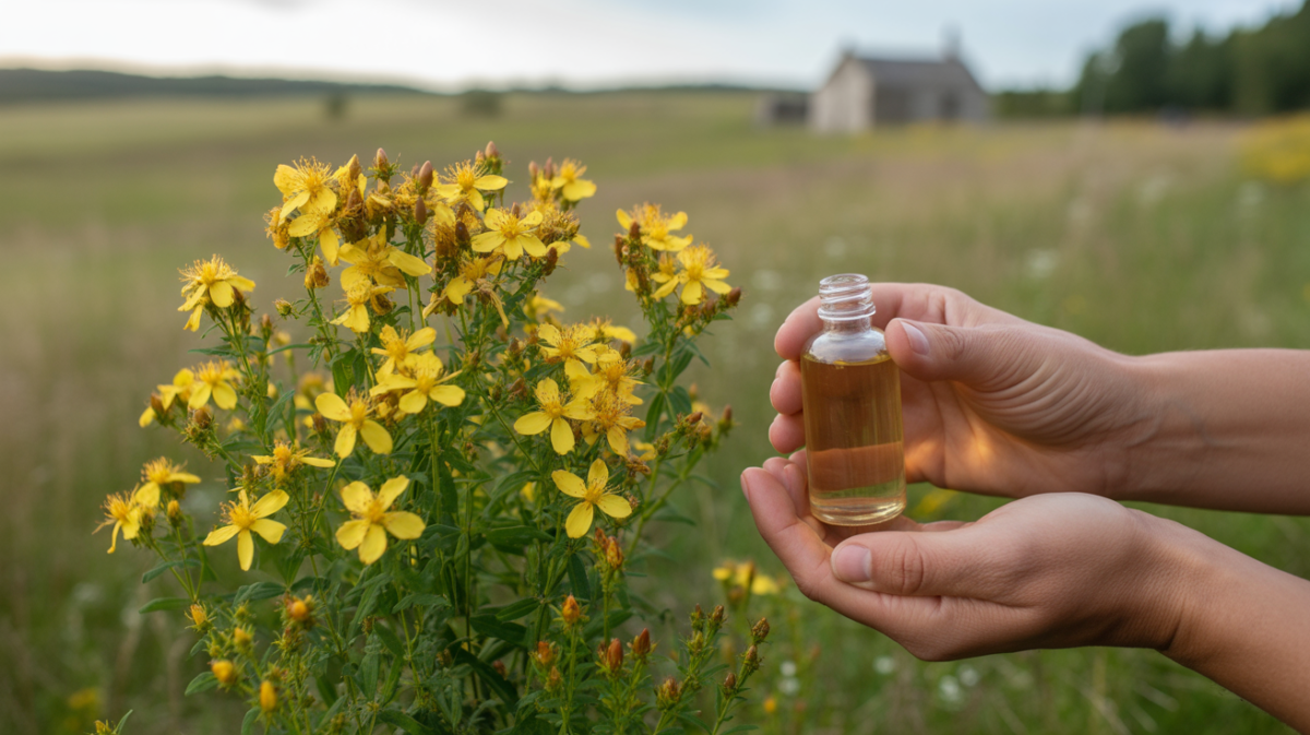 Fleurs réalistes de millepertuis dans une prairie ensoleillée avec un flacon d’extrait végétal tenu par des mains naturelles.