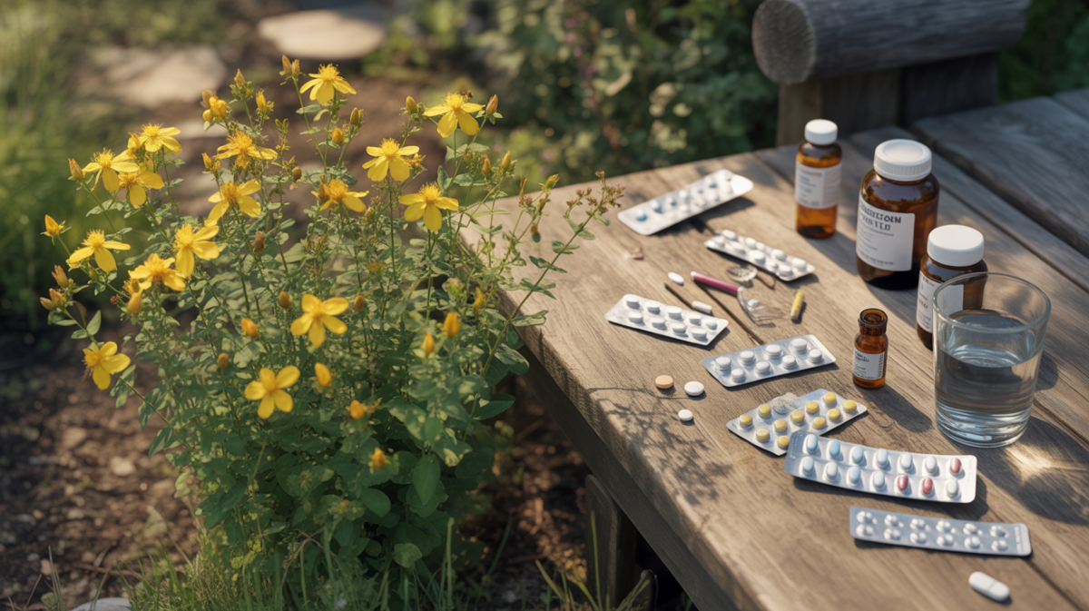 Photo réaliste montrant des fleurs de millepertuis près d’une table en bois avec des médicaments, illustrant les interactions possibles entre plante et traitements.