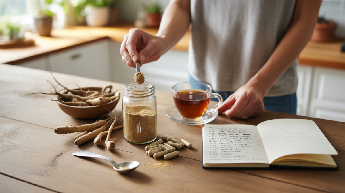 Scène réaliste et naturelle montrant des racines, poudre et gélules d’ashwagandha sur une table en bois avec un carnet de dosage et une tasse de tisane.