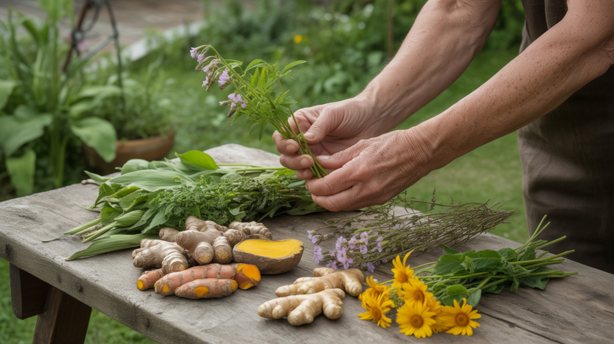 Mains réalistes préparant des plantes médicinales comme le curcuma, le gingembre et l’arnica sur une table en bois dans un jardin naturel.