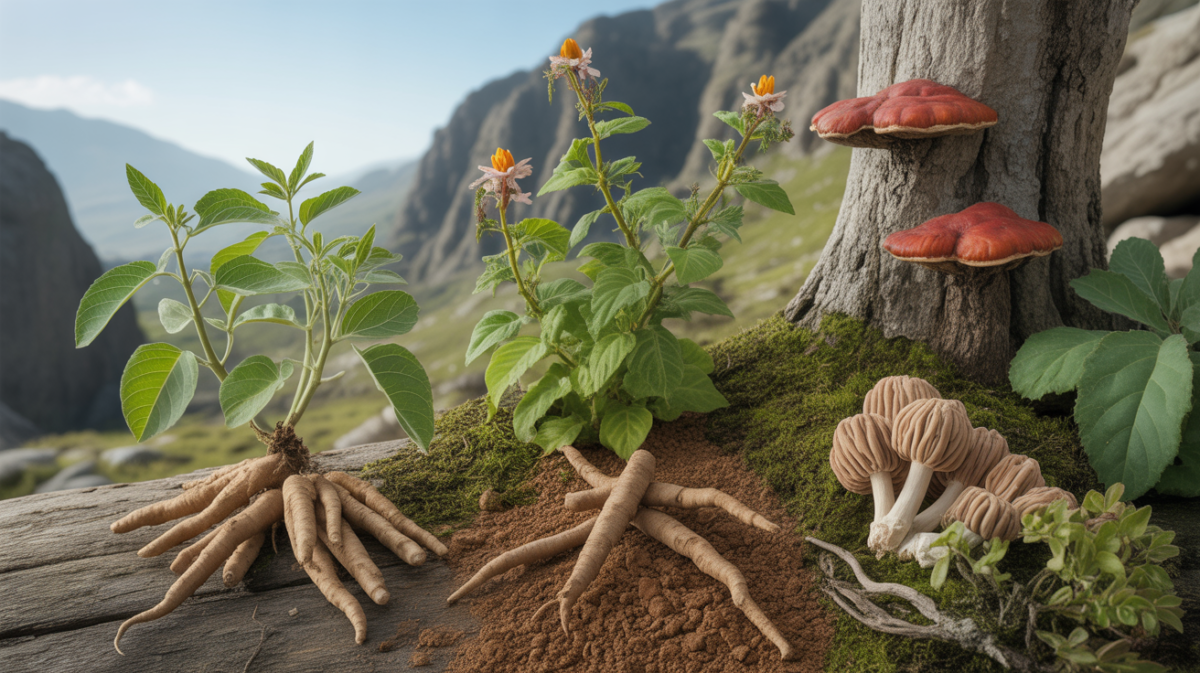 Composition réaliste de plantes adaptogènes dans leur environnement naturel, incluant ashwagandha, rhodiola, maca et reishi, avec couleurs vives et détails authentiques.