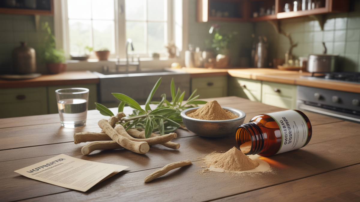 Scène réaliste montrant des racines d’ashwagandha, de la poudre et un flacon de compléments ouvert sur une table de cuisine, évoquant les précautions et dangers potentiels.