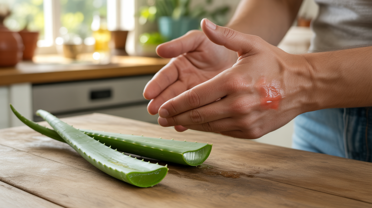 Personne examinant une feuille d’aloe vera ouverte avec début d’irritation cutanée, dans une scène domestique naturelle et réaliste.