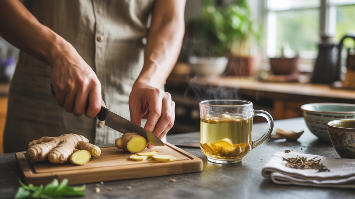 Scène réaliste d’une personne tranchant du gingembre frais dans une cuisine lumineuse et naturelle, avec une tasse d’infusion chaude.