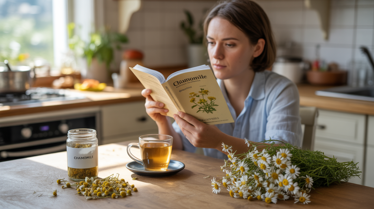 Personne tenant une tasse de camomille à une table en bois, entourée de fleurs de camomille et d’un guide d’herboristerie, atmosphère réaliste et naturelle.