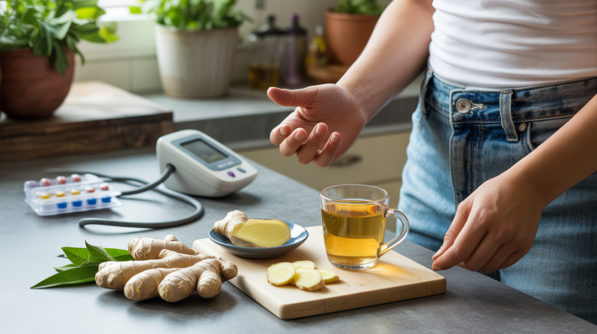 Scène réaliste dans une cuisine avec du gingembre frais, une tasse de tisane et une main hésitante suggérant la prudence.