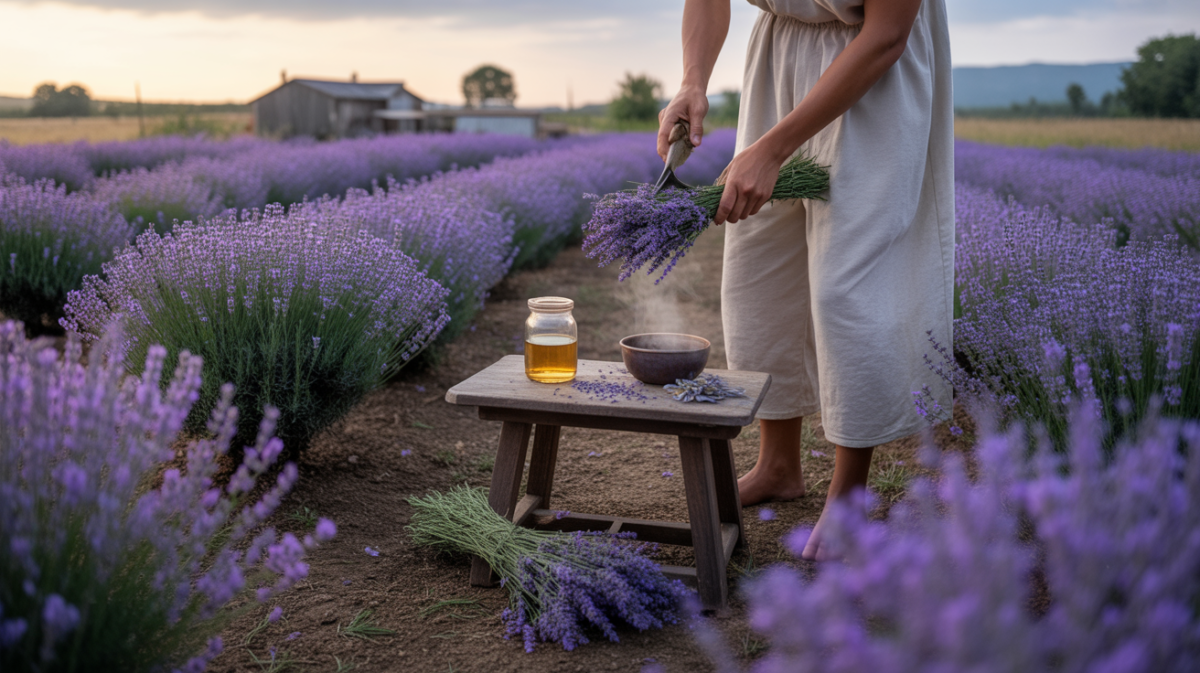 Scène réaliste d’un champ de lavande au lever du soleil avec une personne récoltant la plante et des préparations naturelles sur une table en bois.