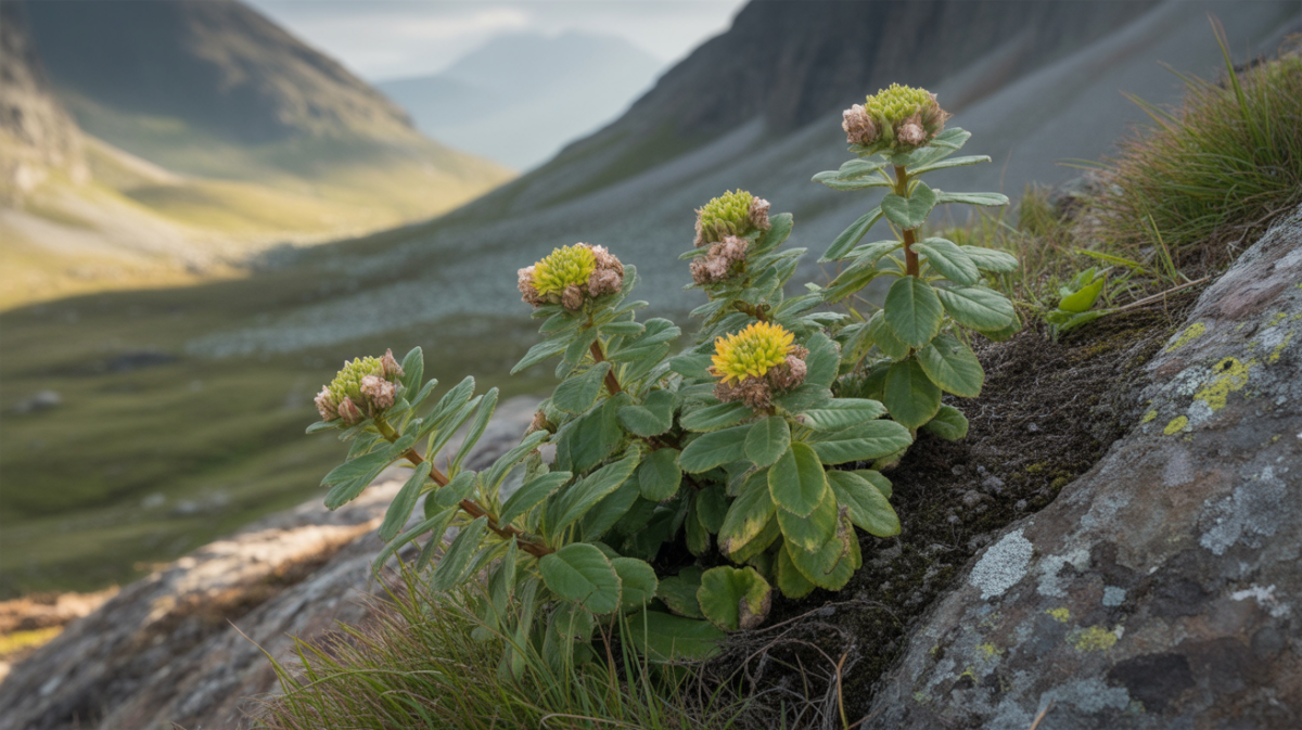 Gros plan réaliste d’une plante de rhodiola rosea poussant sur un flanc rocheux en montagne.