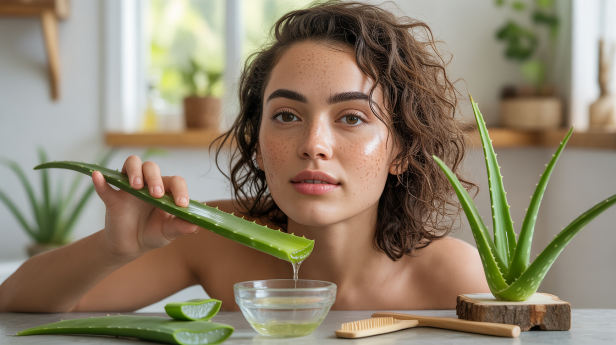 Jeune femme appliquant du gel d’aloe vera frais sur ses cheveux dans une salle de bain lumineuse et naturelle.