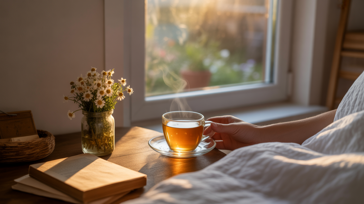 Scène de soirée réaliste montrant une tasse de tisane à la camomille sur une table de chevet dans une chambre chaleureuse et naturelle.