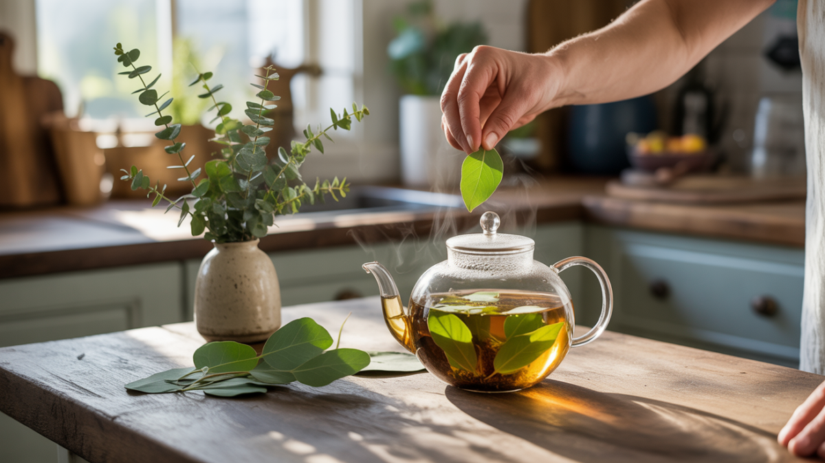 Scène réaliste montrant la préparation d’une tisane d’eucalyptus avec feuilles fraîches, théière en verre fumante et lumière naturelle dans une cuisine authentique.