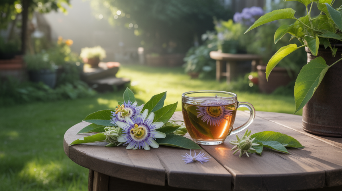 Scène réaliste d'une tasse de tisane à la passiflore posée sur une table en bois dans un jardin lumineux, entourée de fleurs et de feuilles naturelles.